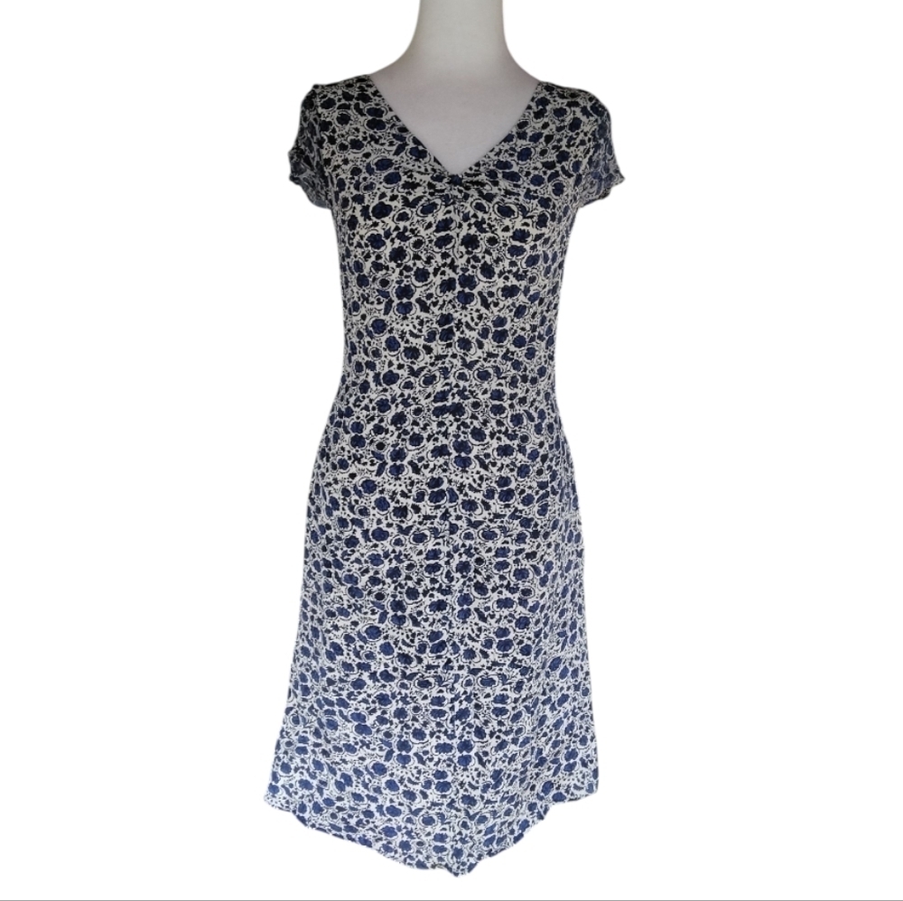 J. Peterman Contrasting Blue & White Floral Rose Print Silk Knee Length Dress 4